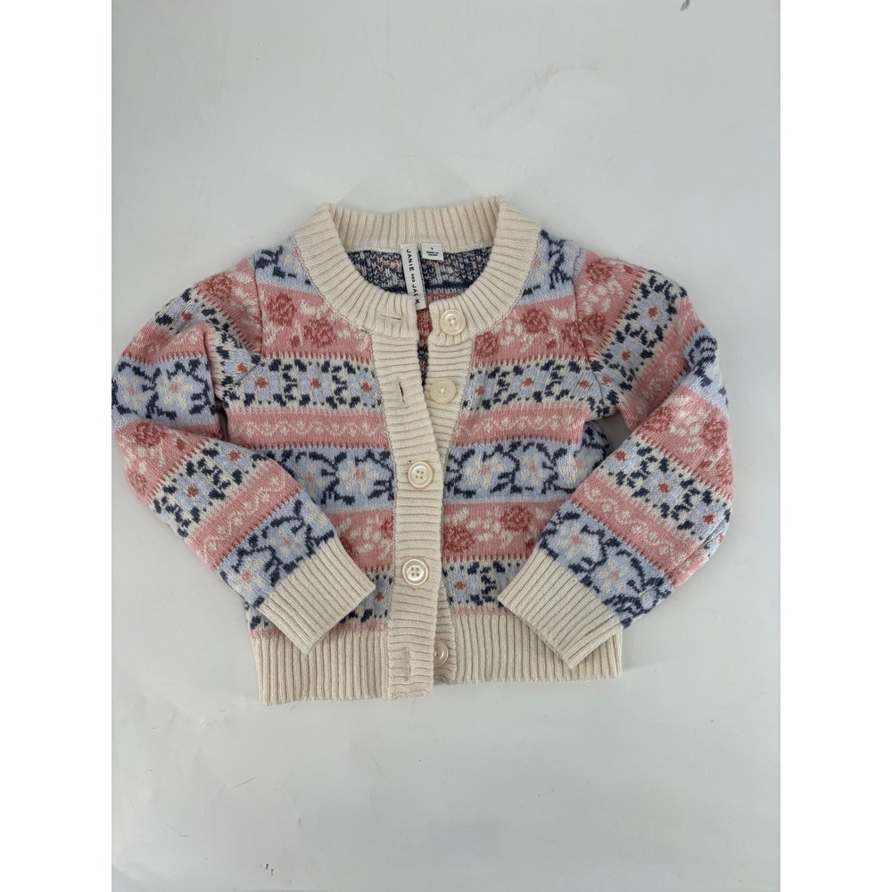 Janie and Jack Toddler Girls Fair Isle Floral Knit Cardigan Sweater Pink Blue 3